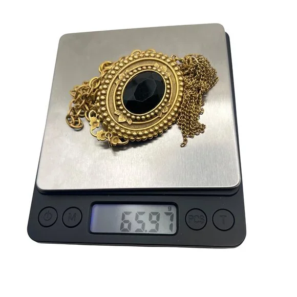 Gold Tone Victorian Revival Necklace Black Glass Medallions Tassel Pendant 36" - Picture 5 of 13